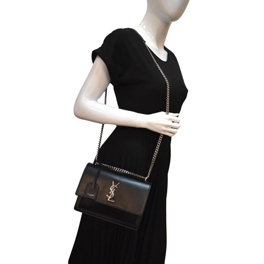 YVES SAINT LAURENT Sunset Calfskin Leather Chain Shoulder Bag Black