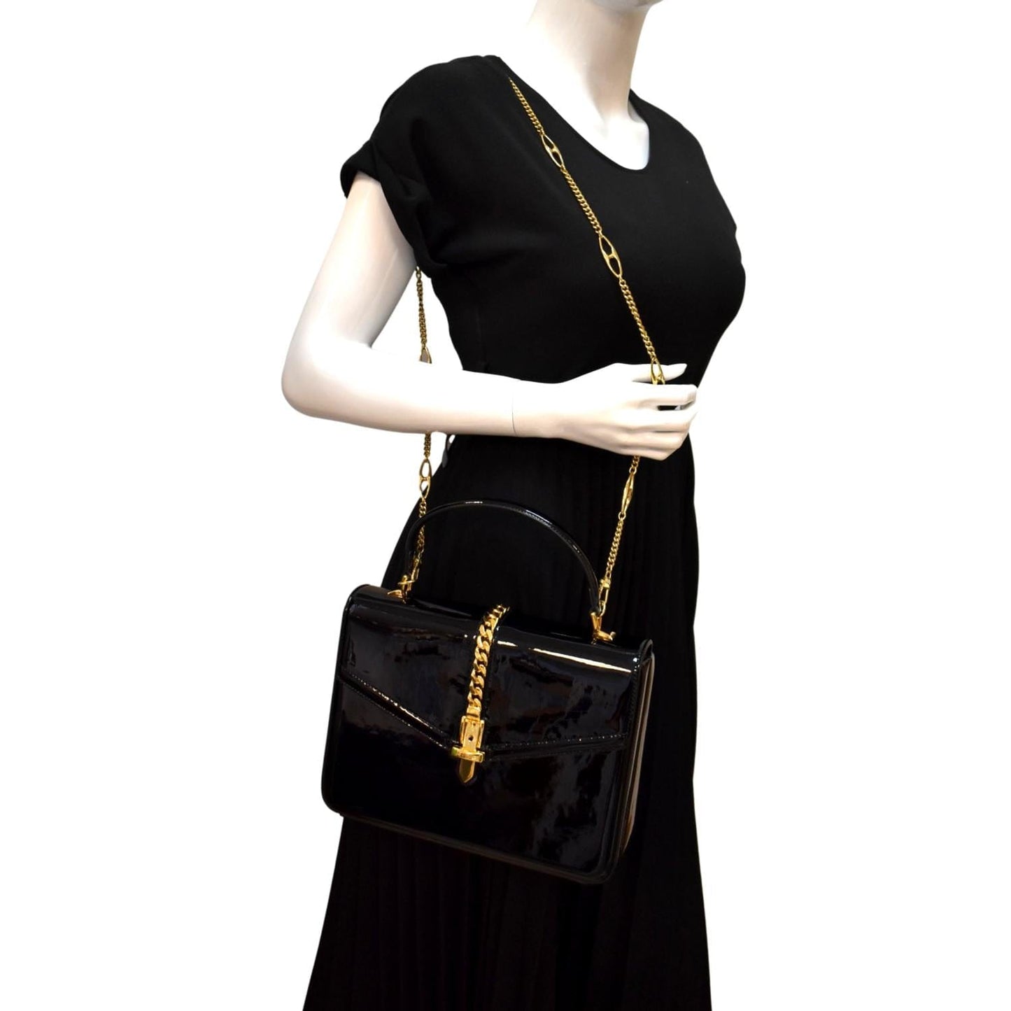 GUCCI Sylvie 1969 Patent Leather Top Handle Crossbody Bag Black 589478