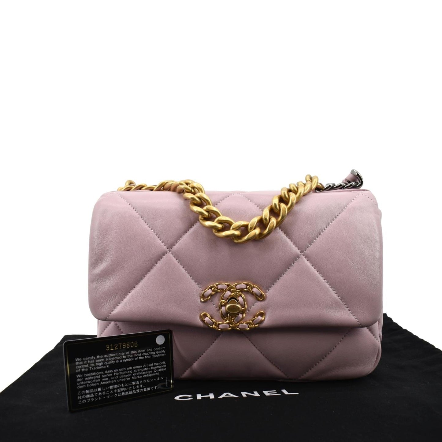 CHANEL 19 Medium Flap Quilted Lambskin Leather Shoulder Bag Pink