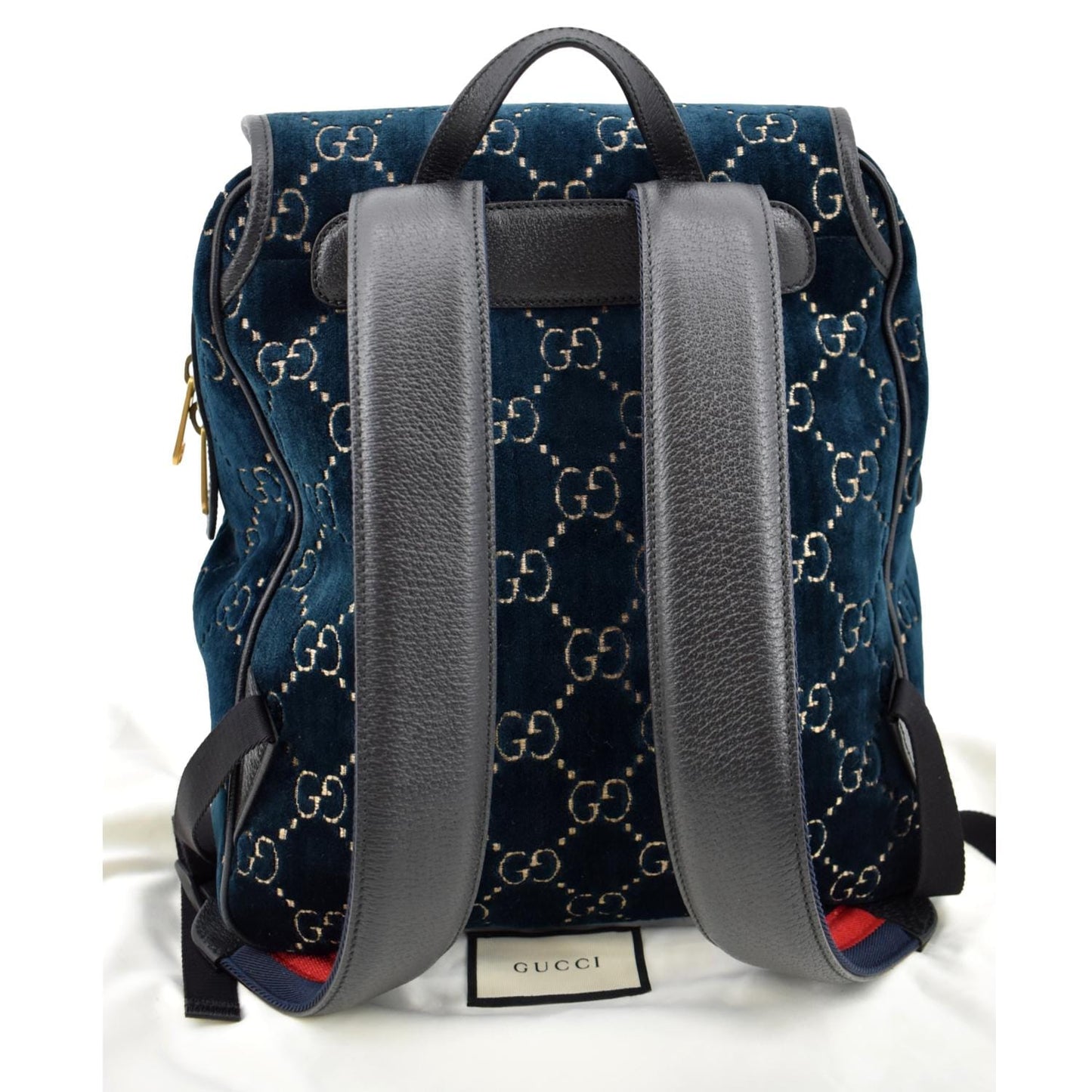 GUCCI GG Monogram Small Velvet Double Buckle Backpack Bag Blue 574942