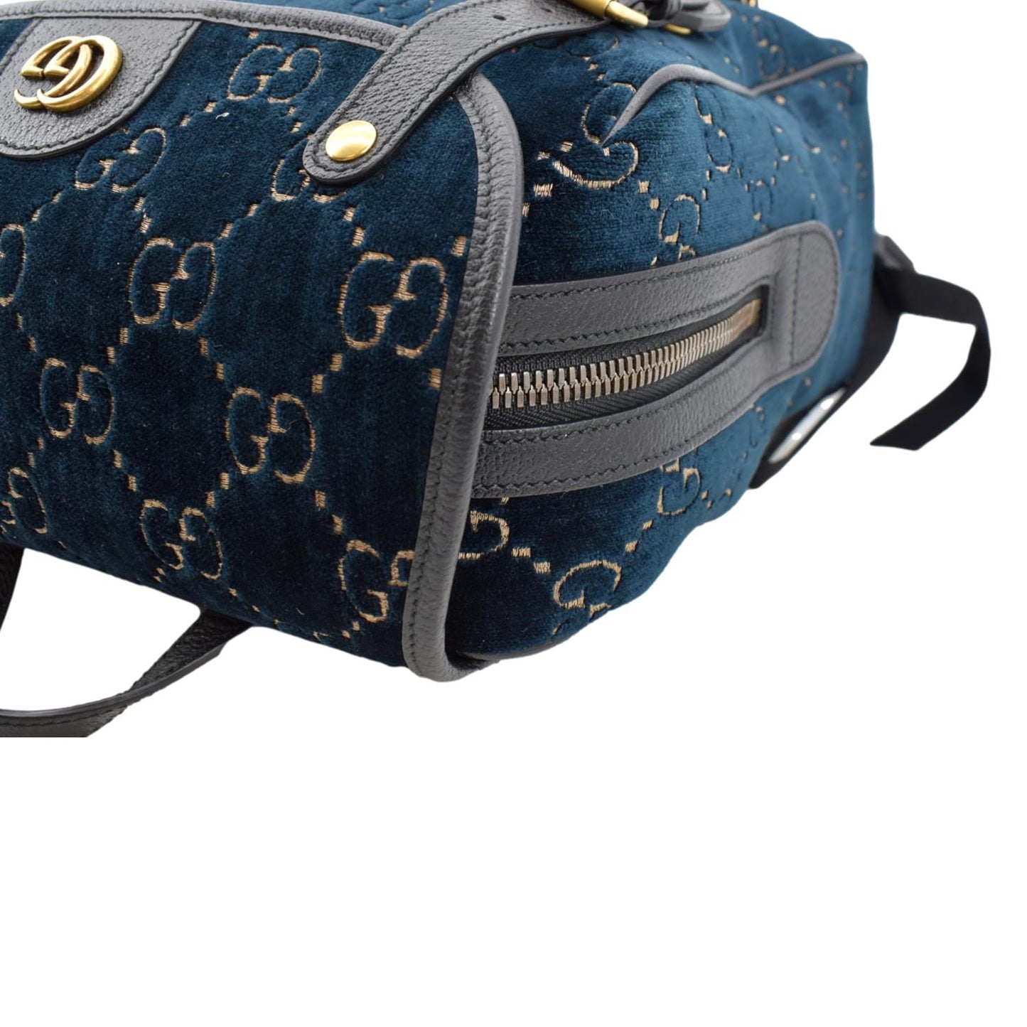 GUCCI GG Monogram Small Velvet Double Buckle Backpack Bag Blue 574942