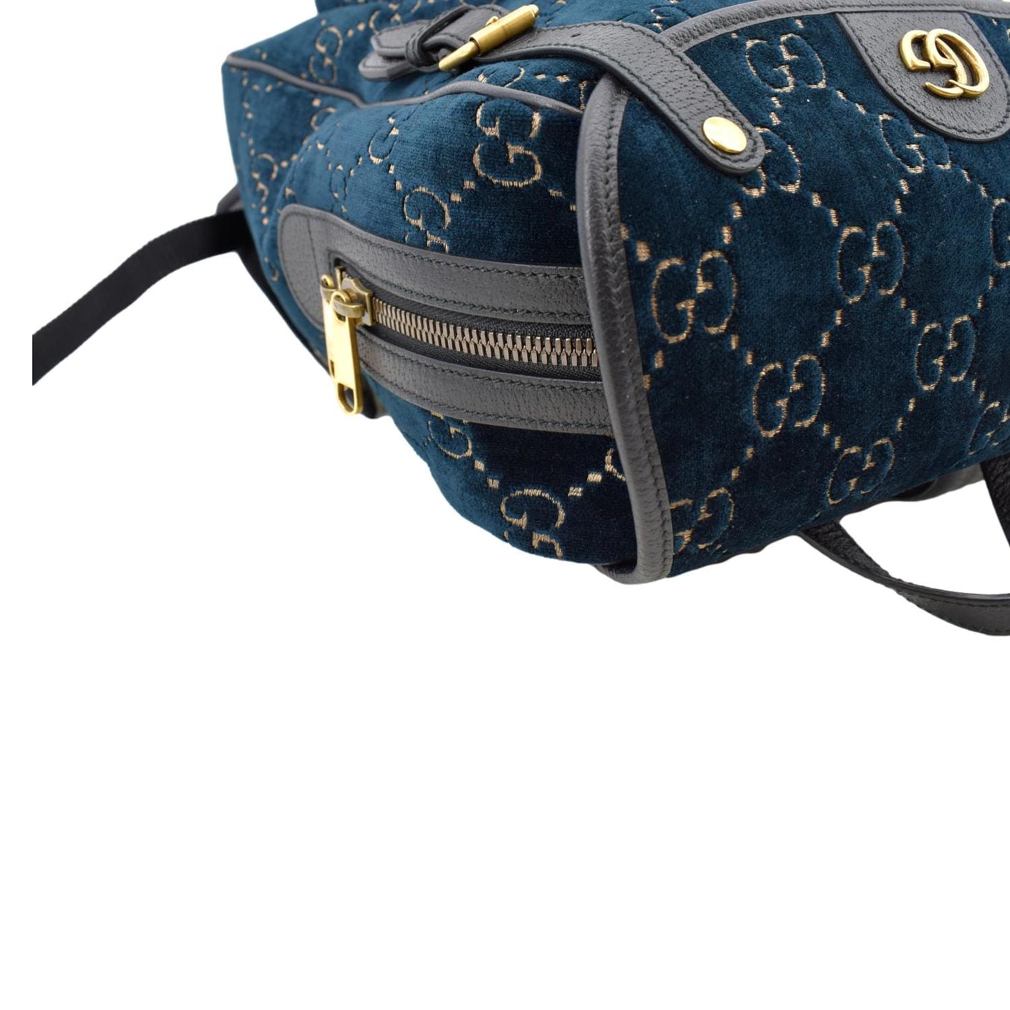 GUCCI GG Monogram Small Velvet Double Buckle Backpack Bag Blue 574942