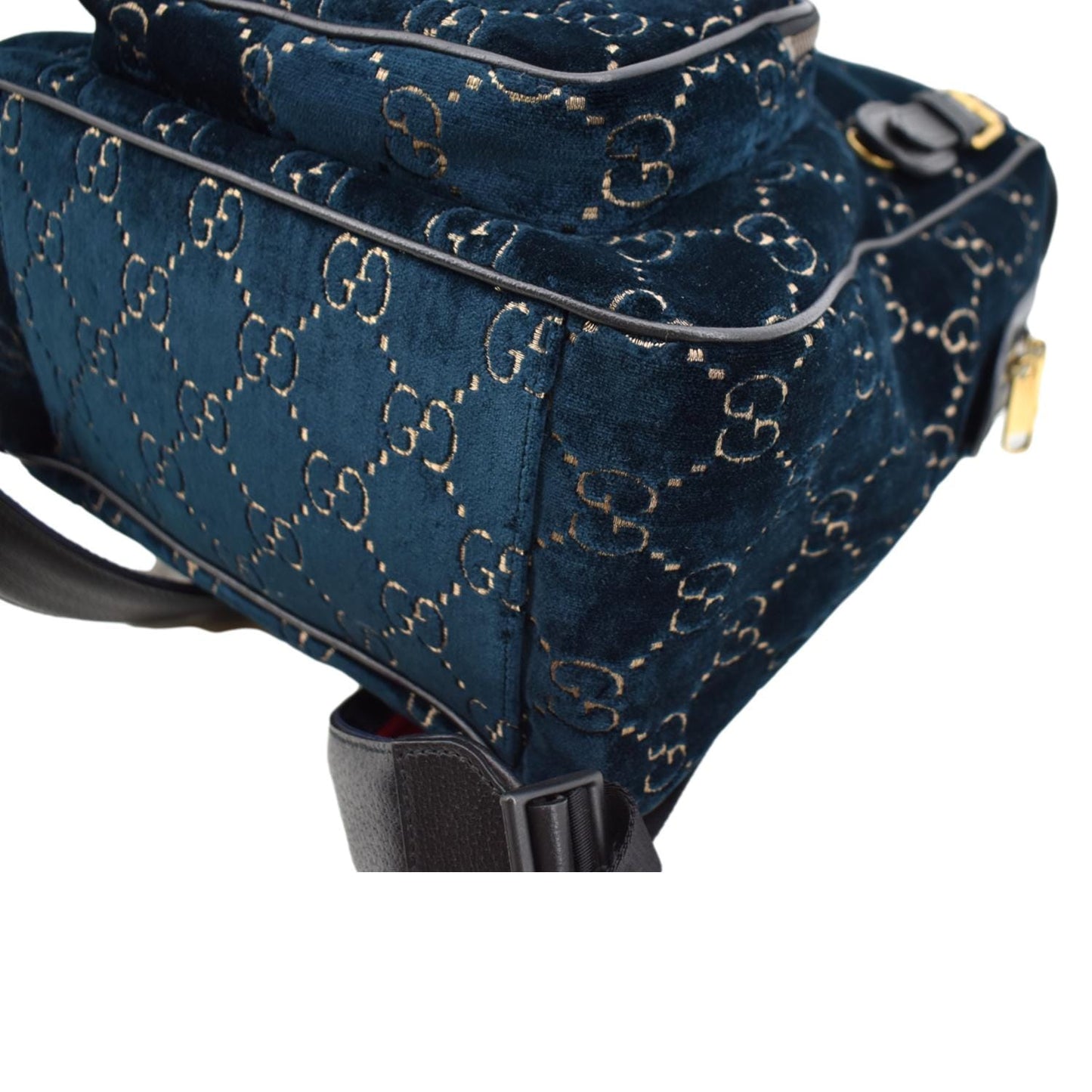 GUCCI GG Monogram Small Velvet Double Buckle Backpack Bag Blue 574942