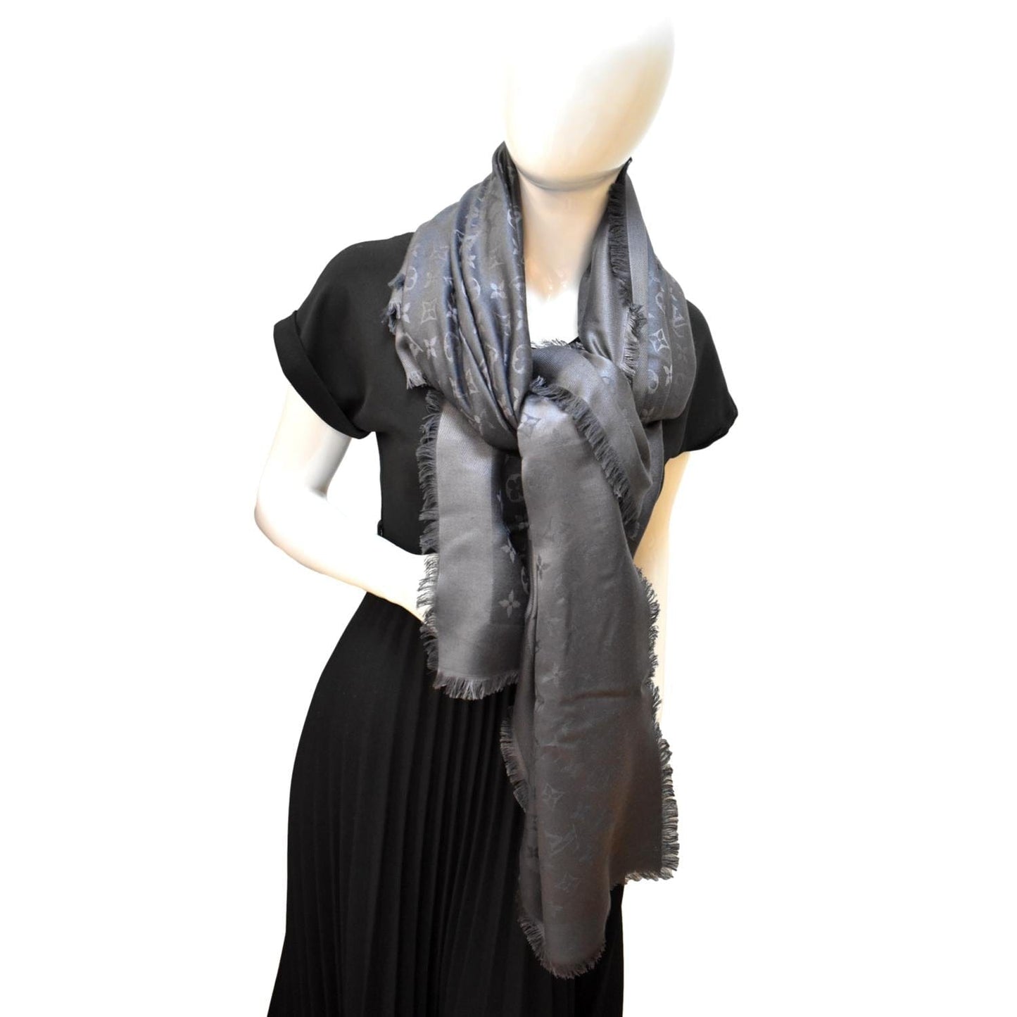 LOUIS VUITTON Monogram Scarf Grey Silk