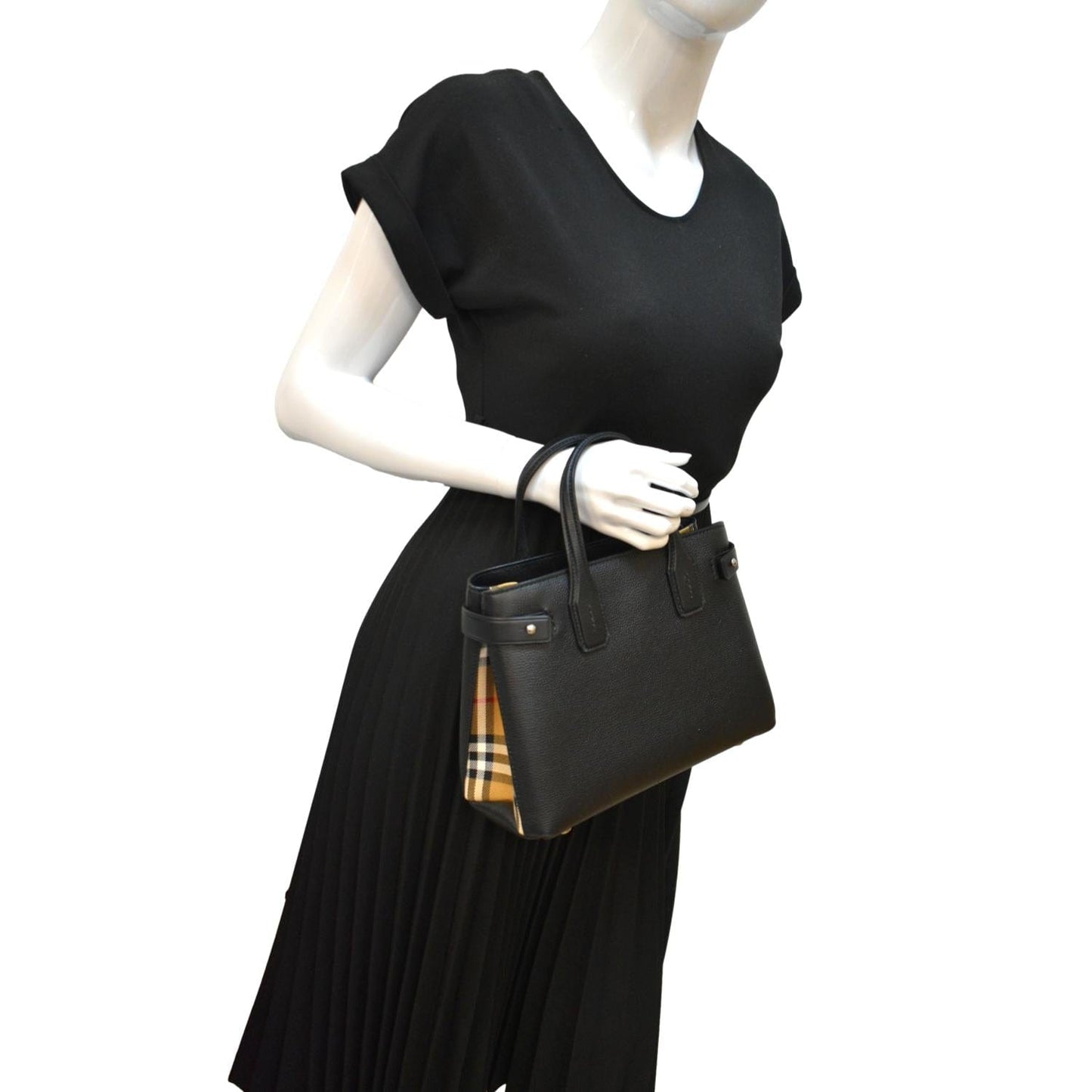BURBERRY Banner Derby Medium Leather Tote Shoulder Bag Black