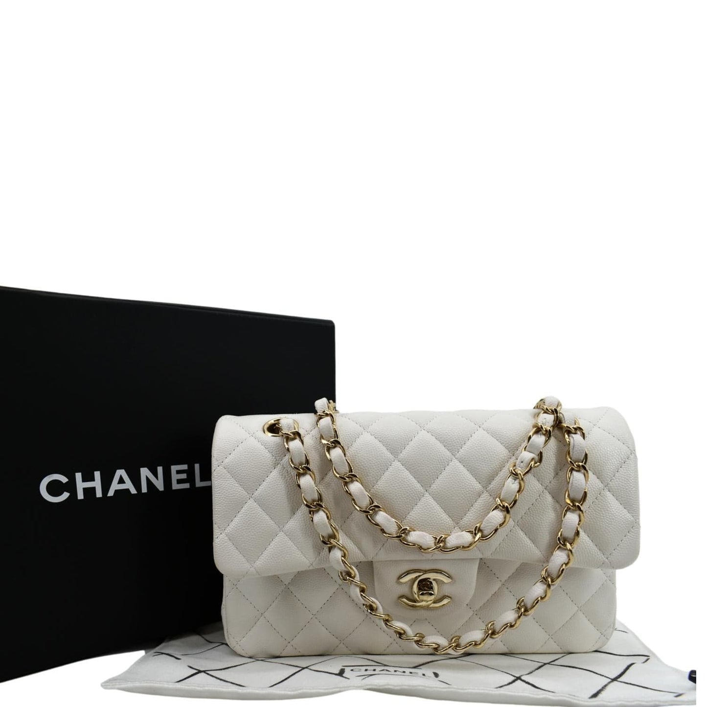 CHANEL Classic Double Flap Small Caviar Leather Shoulder Bag White