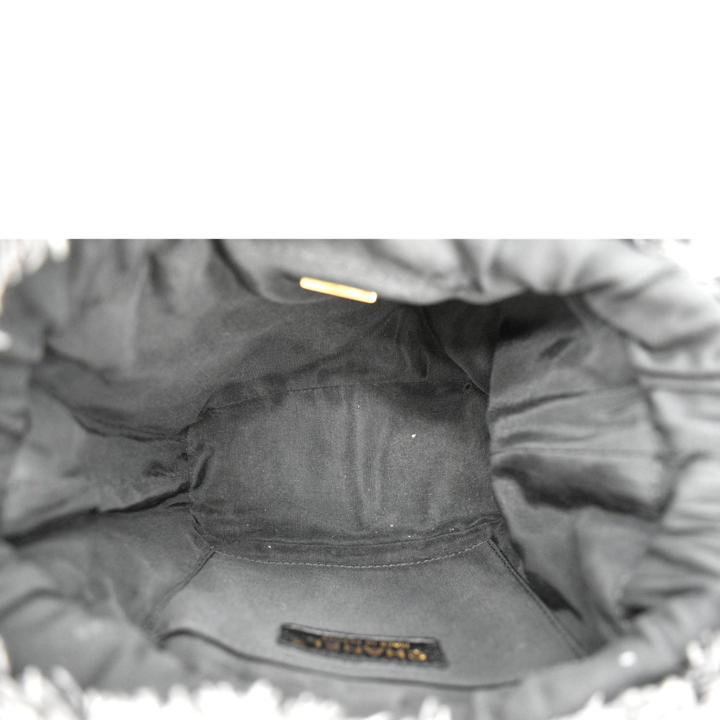 CHANEL Denim Mood Logo Printed Quilted Fringe Denim Chain Bucket Bag Black