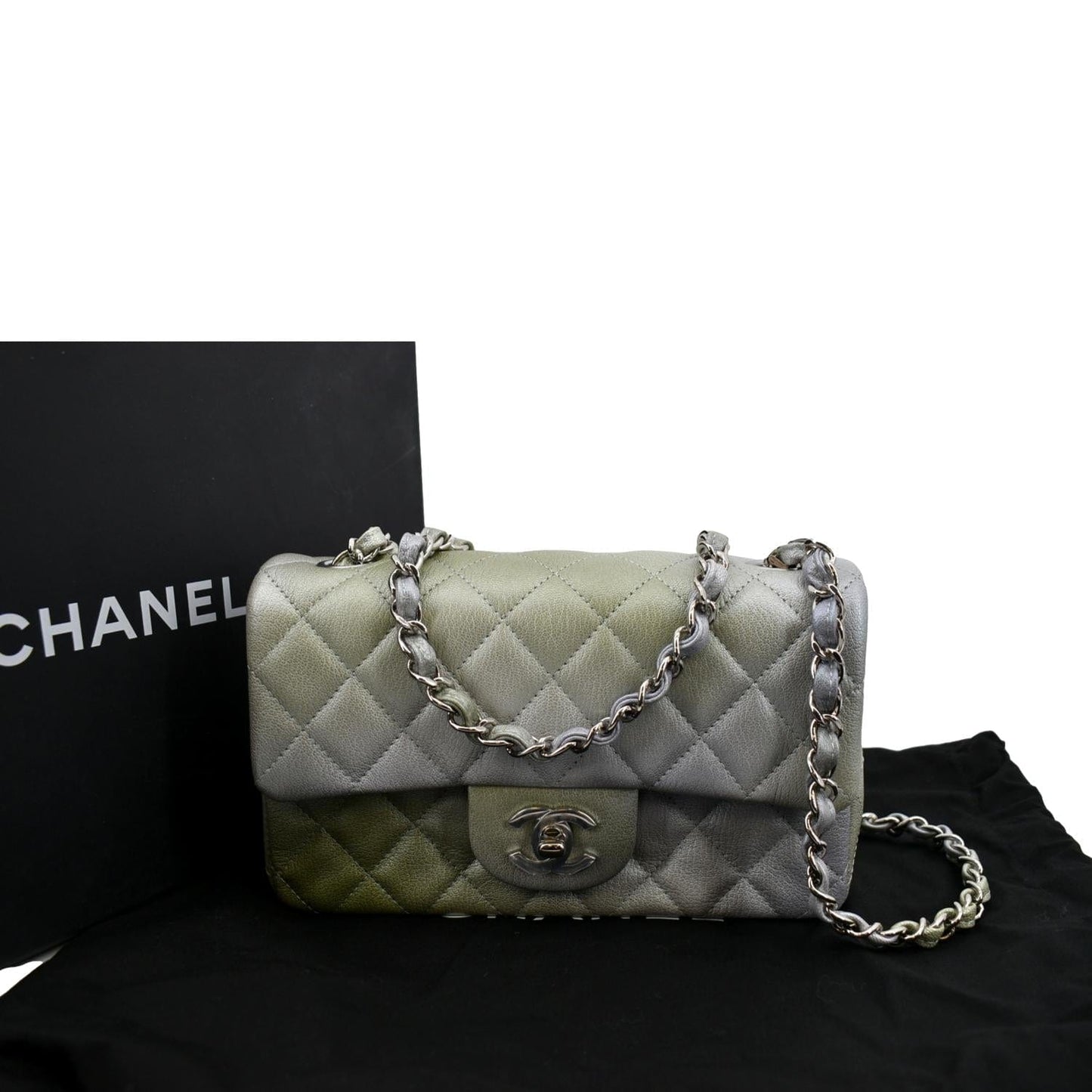 CHANEL Mini Rectangular Flap Quilted Chevre Leather Crossbody Bag Metallic Gray/Green