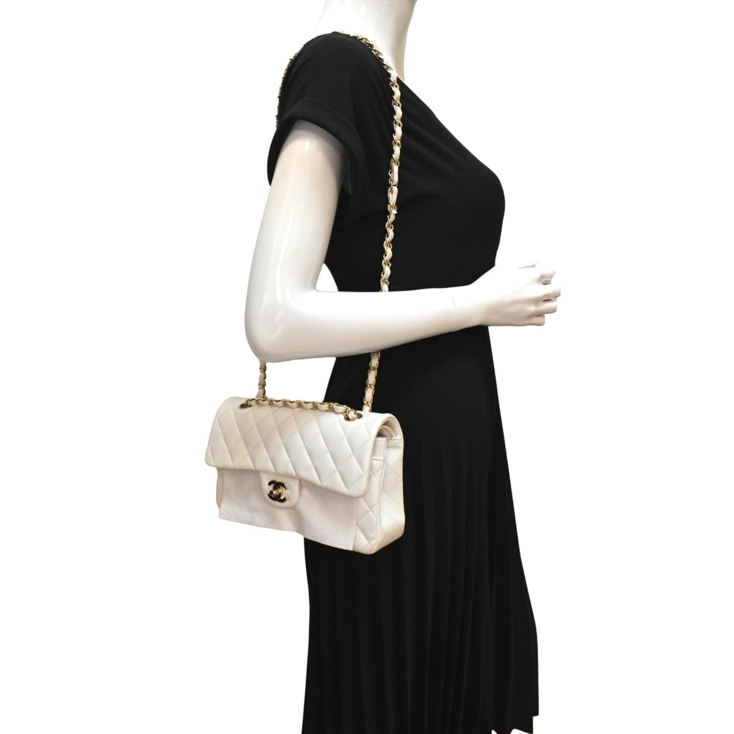 CHANEL Classic Double Flap Small Caviar Leather Shoulder Bag White
