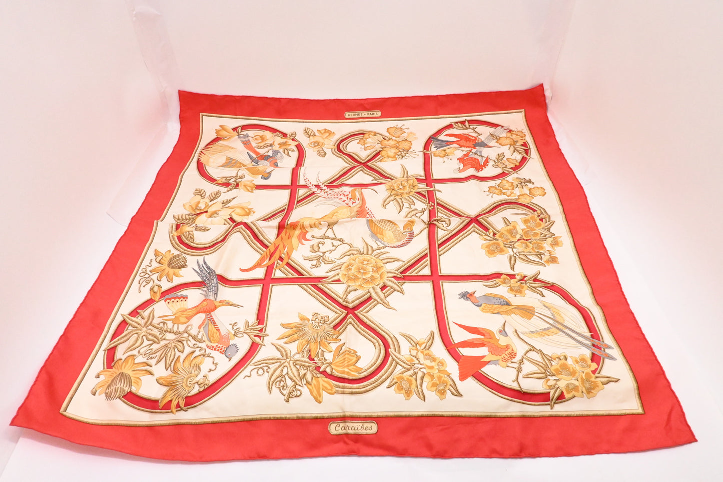 Hermes 'Caraibes' Carre 90 in Light Red Silk