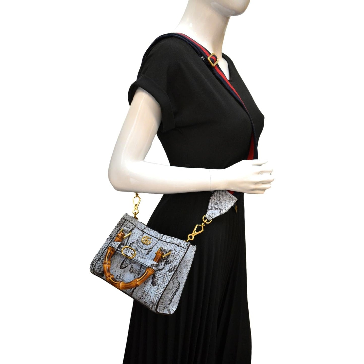 GUCCI Diana Bamboo Mini Python Leather Tote Bag Light Blue