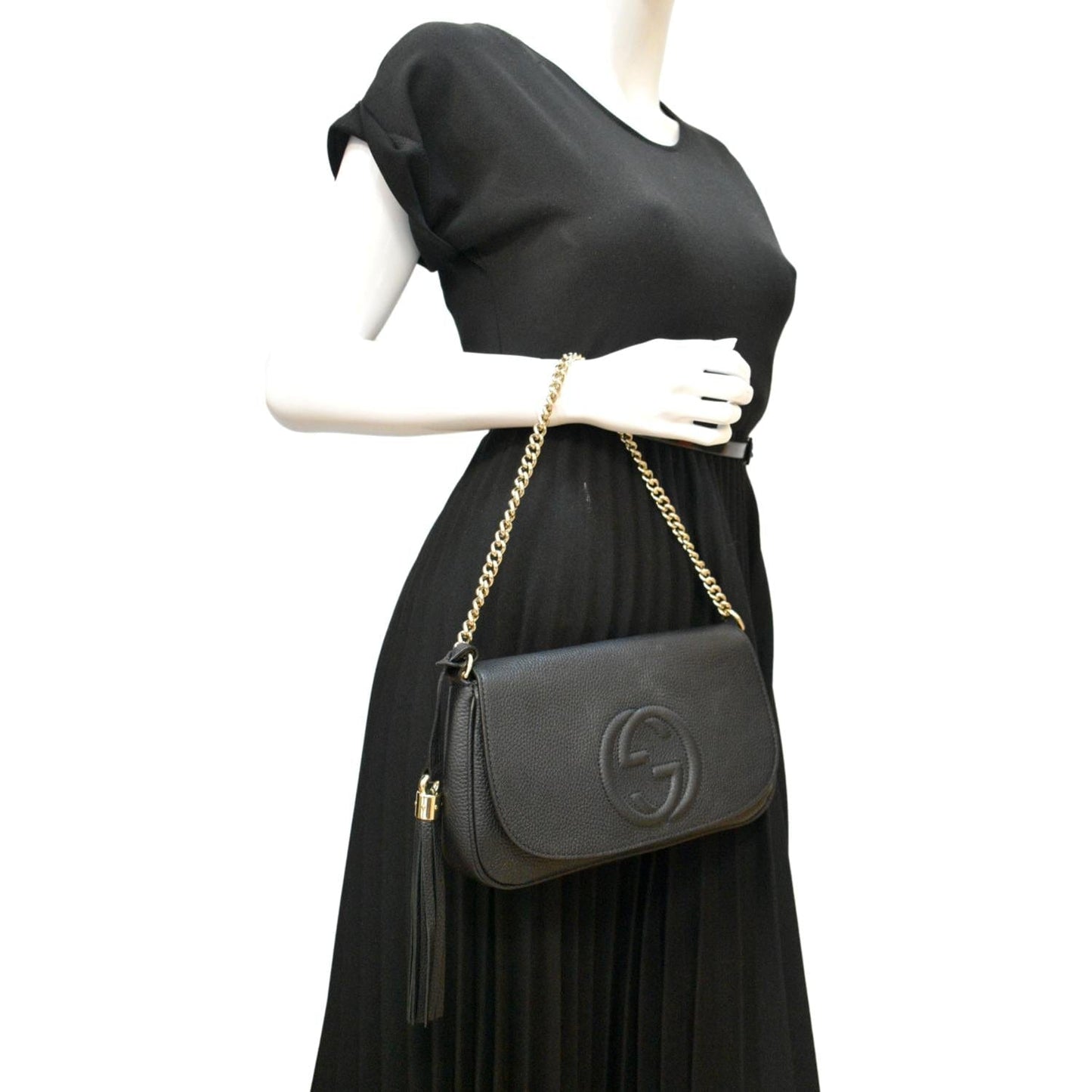 GUCCI Soho GG Flap Leather Chain Shoulder Bag Black 536224