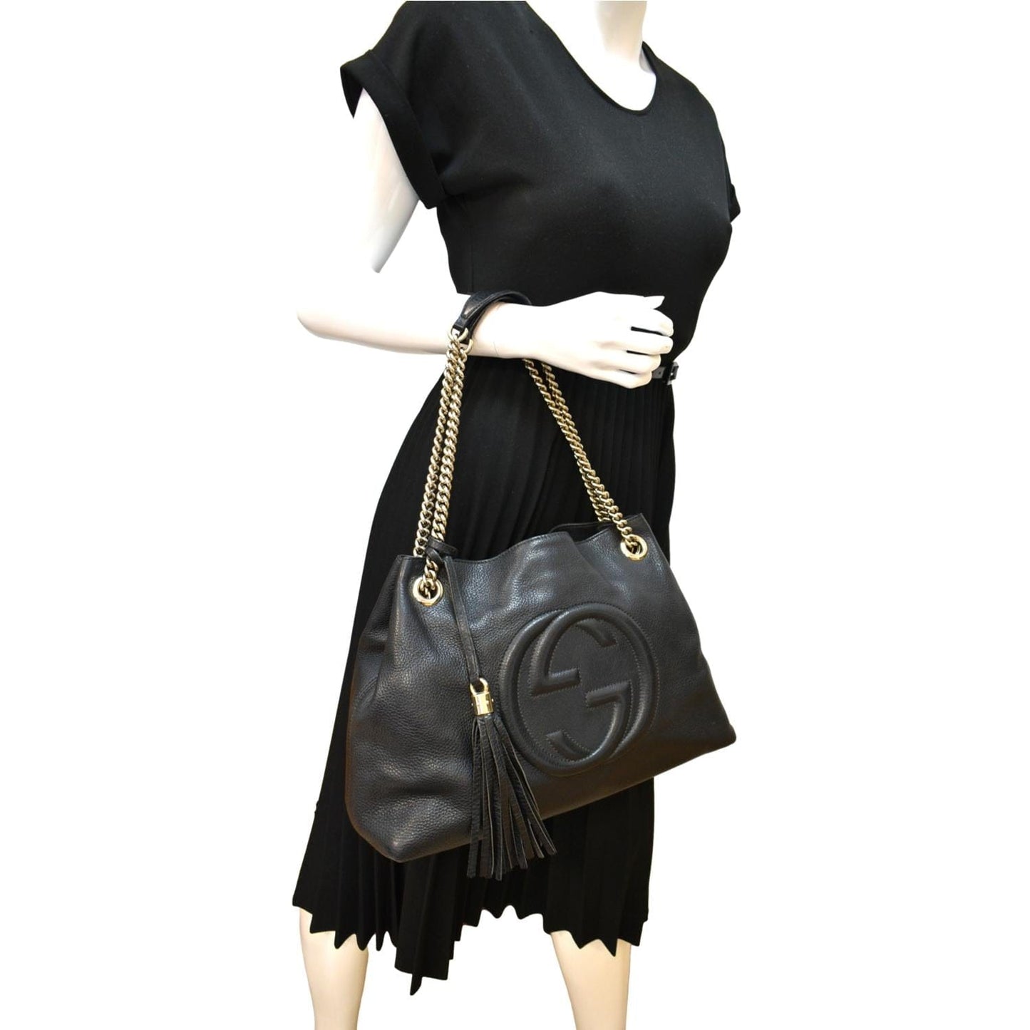 GUCCI Soho Pebbled Leather Chain Shoulder Bag Black 308982
