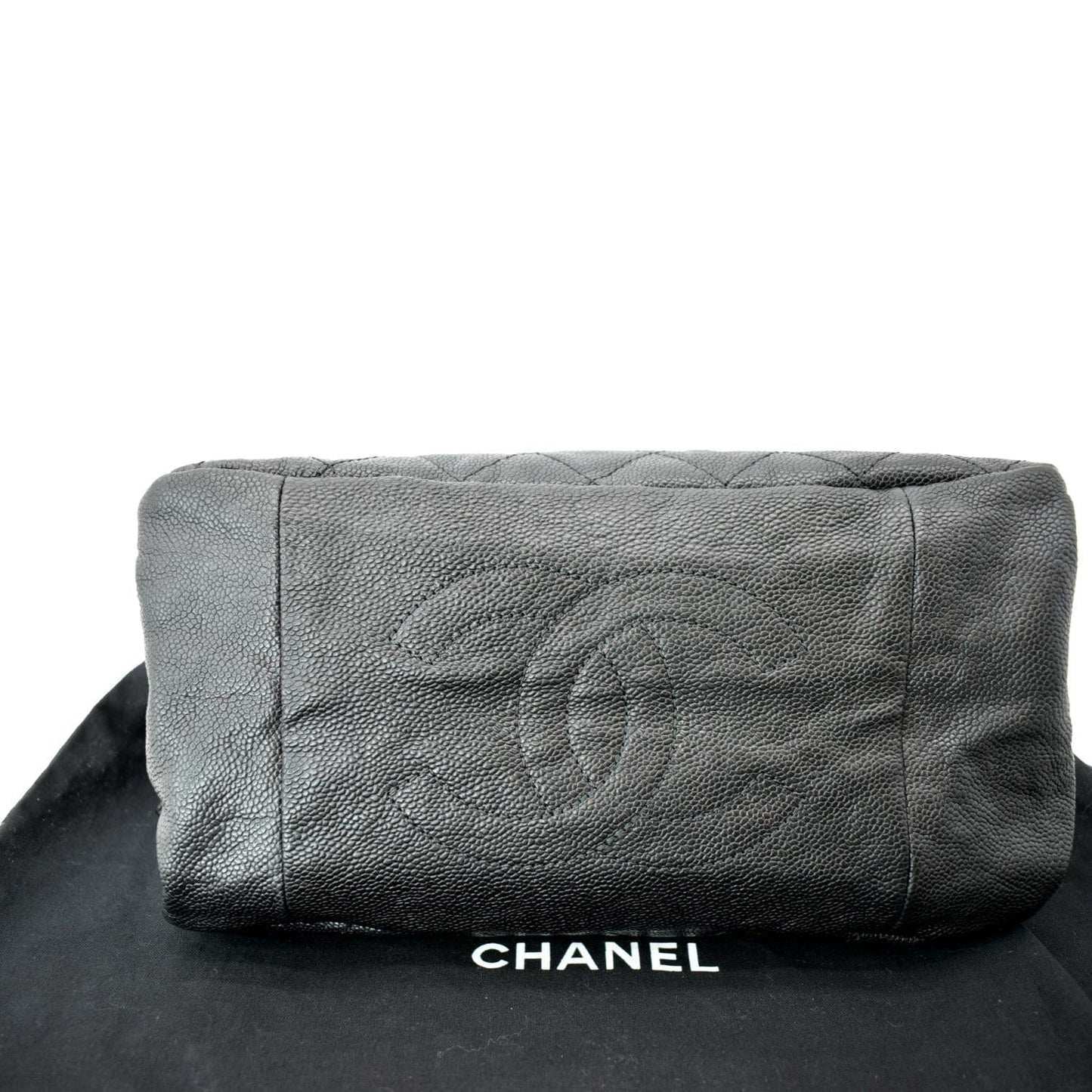 CHANEL CC Zip Diamond Embossed Leather Shopping Tote Shoulder Bag Black