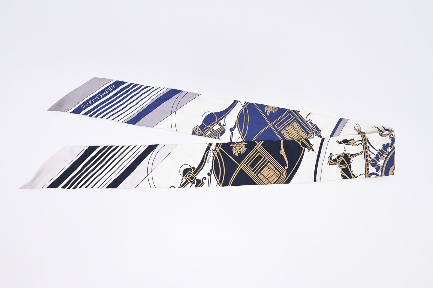 Hermes 'Ex Libris' Twilly in White and Blue Silk