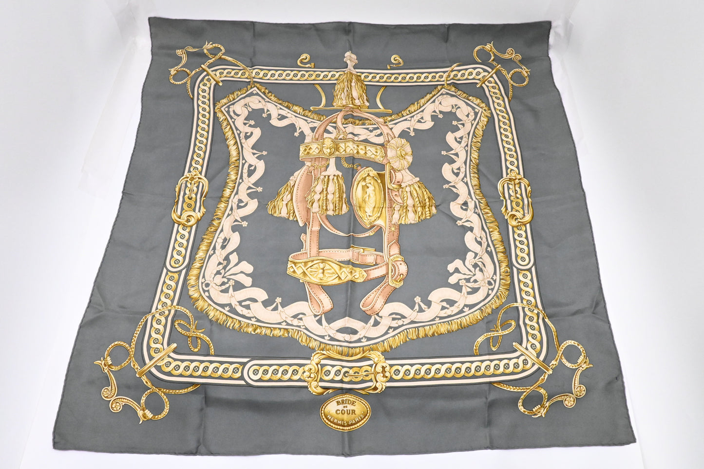 Hermes 'Bride de Cour' Carre 90 in Gray Silk