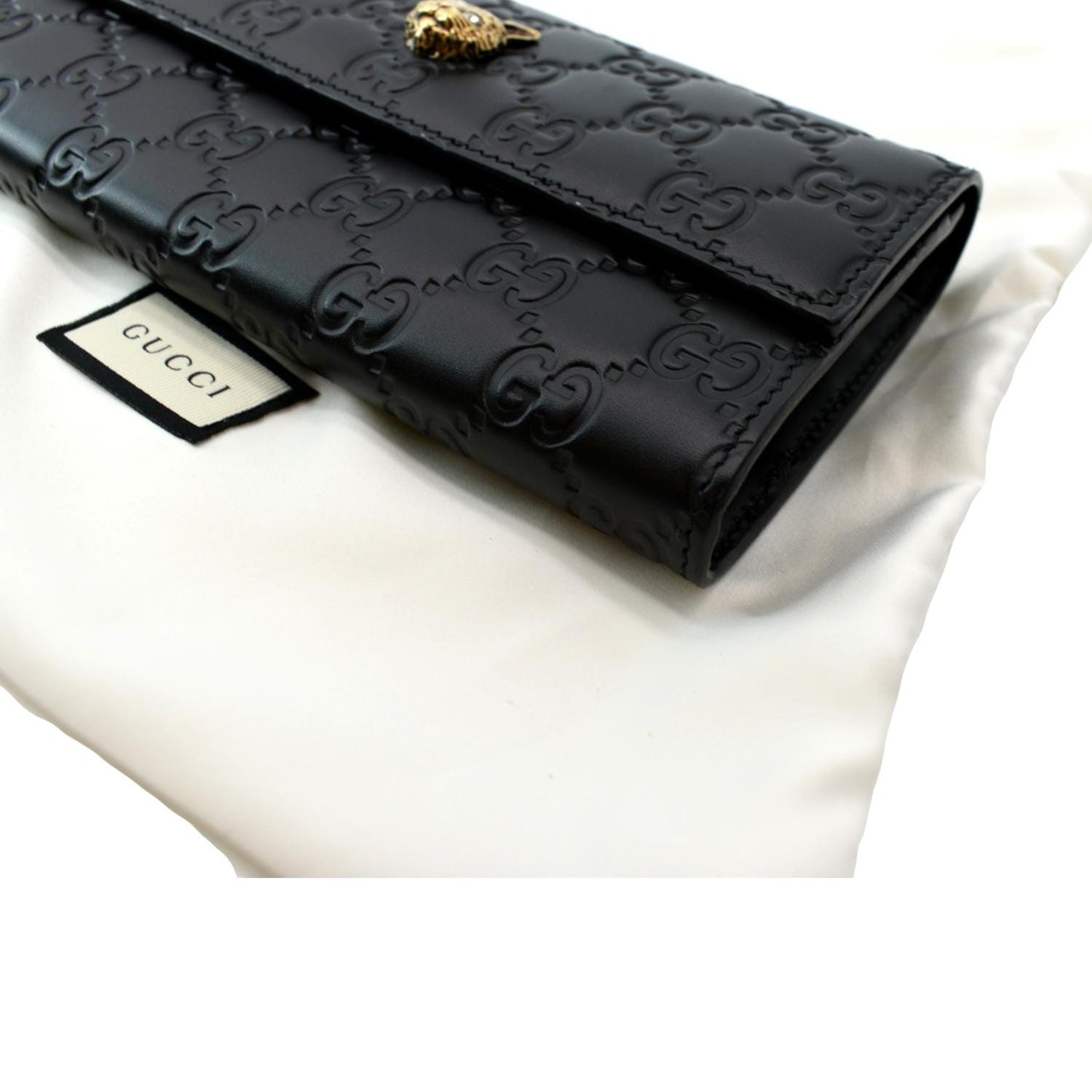 GUCCI Cat Head Leather Continental Wallet Black 548055