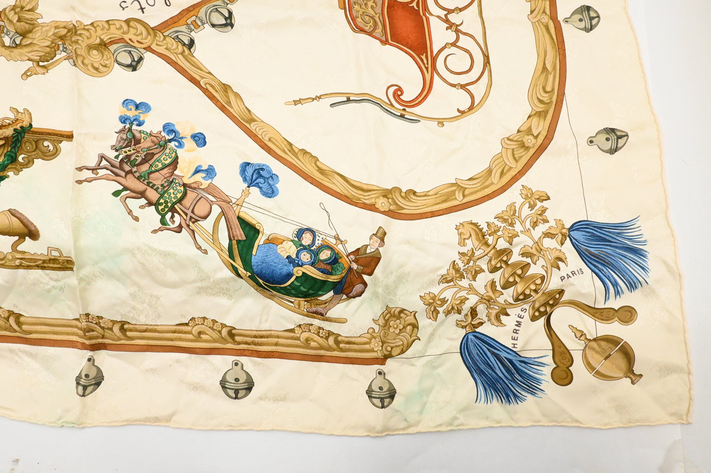 Hermes 'Plumes et Grelots' Carre 90 in Cream Jacquard Silk