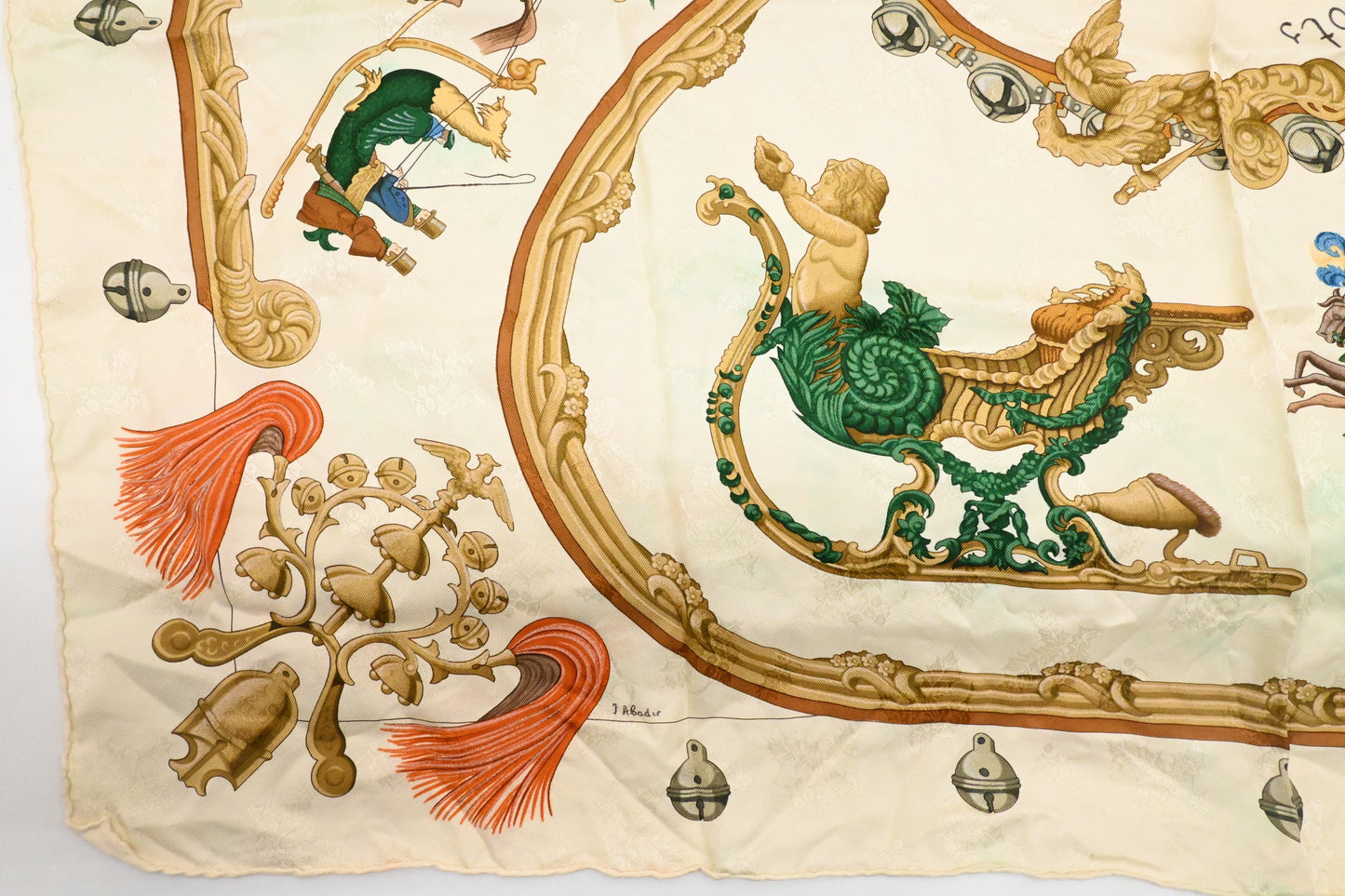 Hermes 'Plumes et Grelots' Carre 90 in Cream Jacquard Silk