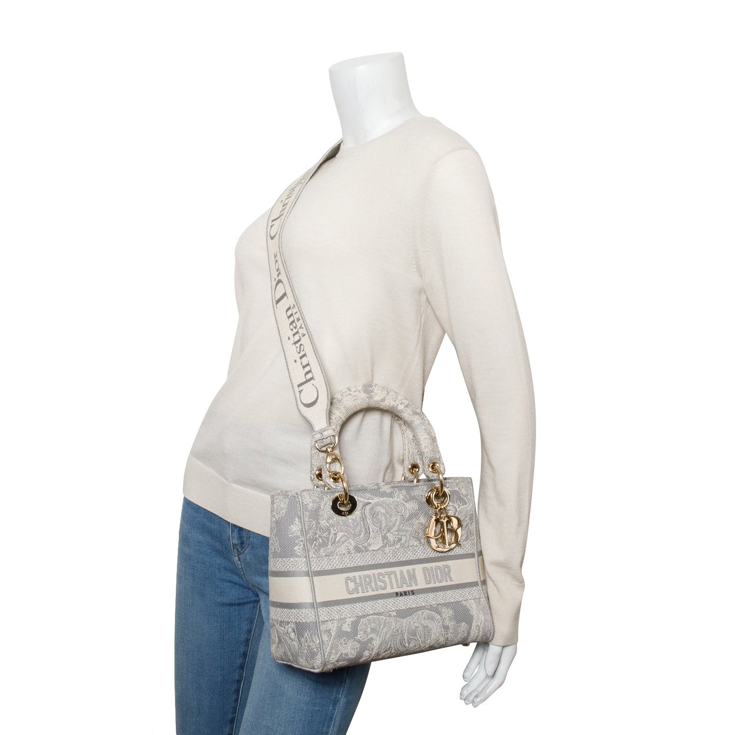 Christian Dior 2021 Grey Canvas Toile de Jouy Embroidered Medium Lady D-Lite