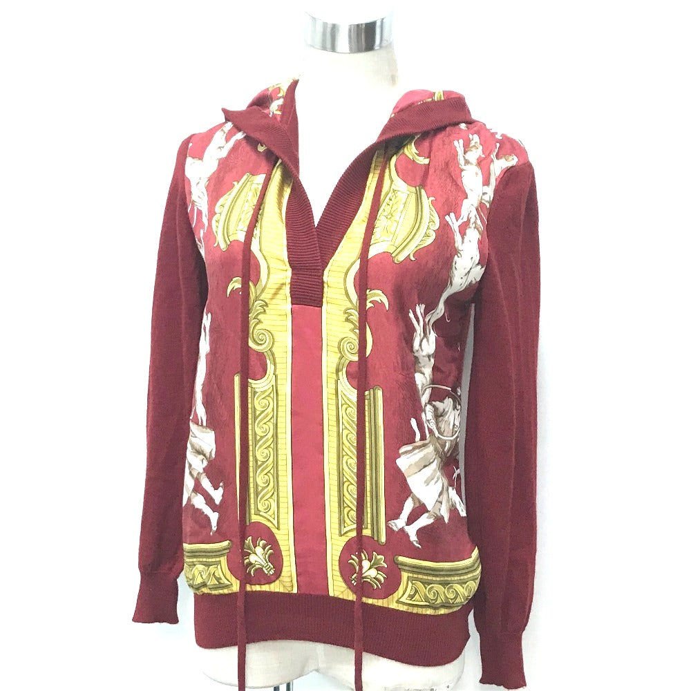 HERMES knit cashmere Red x yellow Tops shirt All-over print with hood Women 36