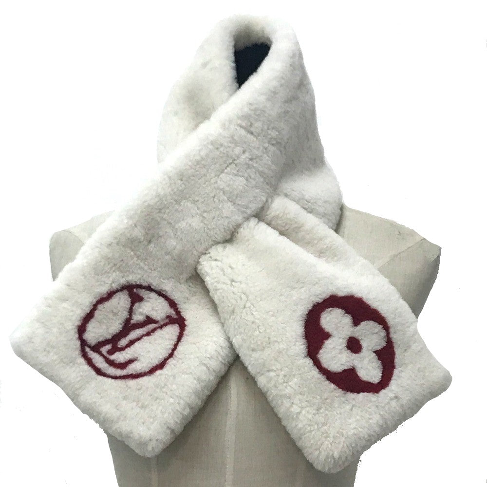 LOUIS VUITTON Scarf M70434 Cashmere, Mouton White x red Monogram flower Escharp Shirring Darling Women