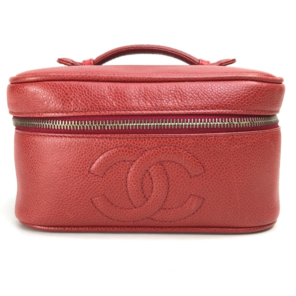 CHANEL Handbag Caviar skin Red x Gold Metal CC COCO Mark Horizontal Cosmetics Pouch Women