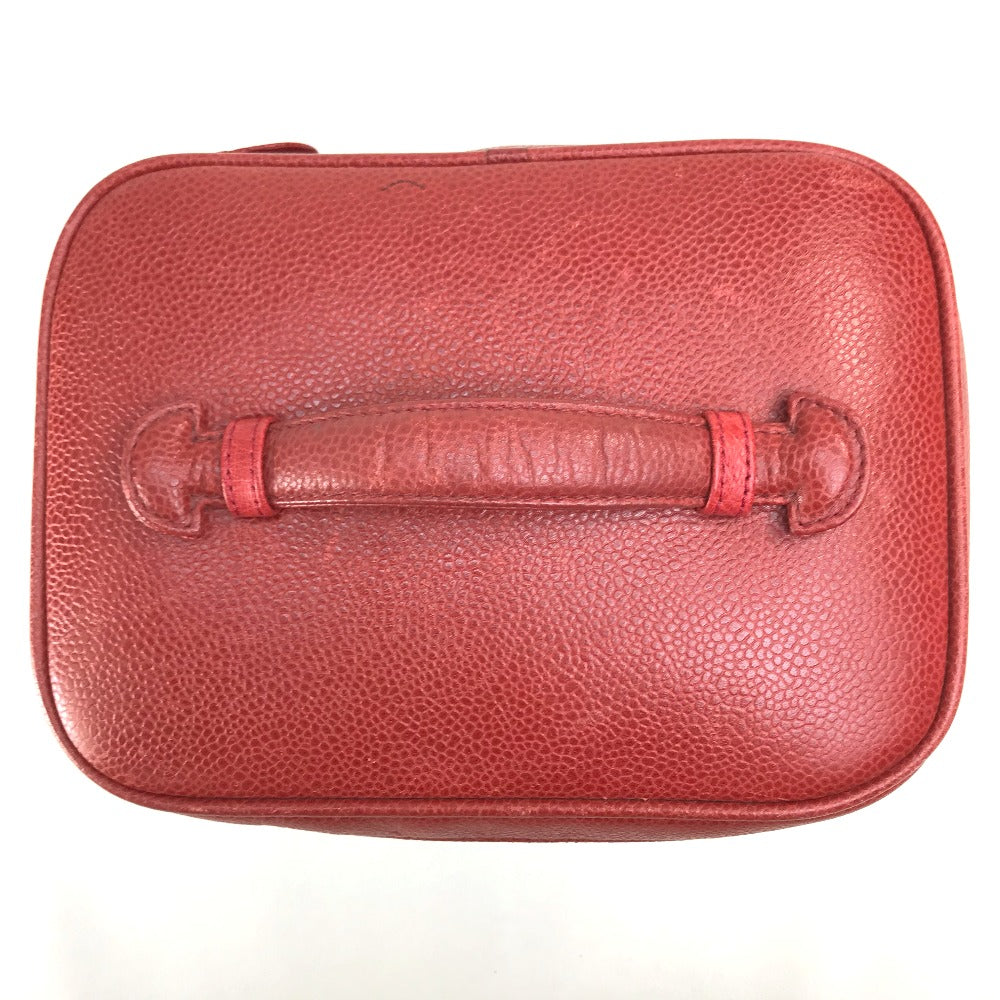 CHANEL Handbag Caviar skin Red x Gold Metal CC COCO Mark Horizontal Cosmetics Pouch Women