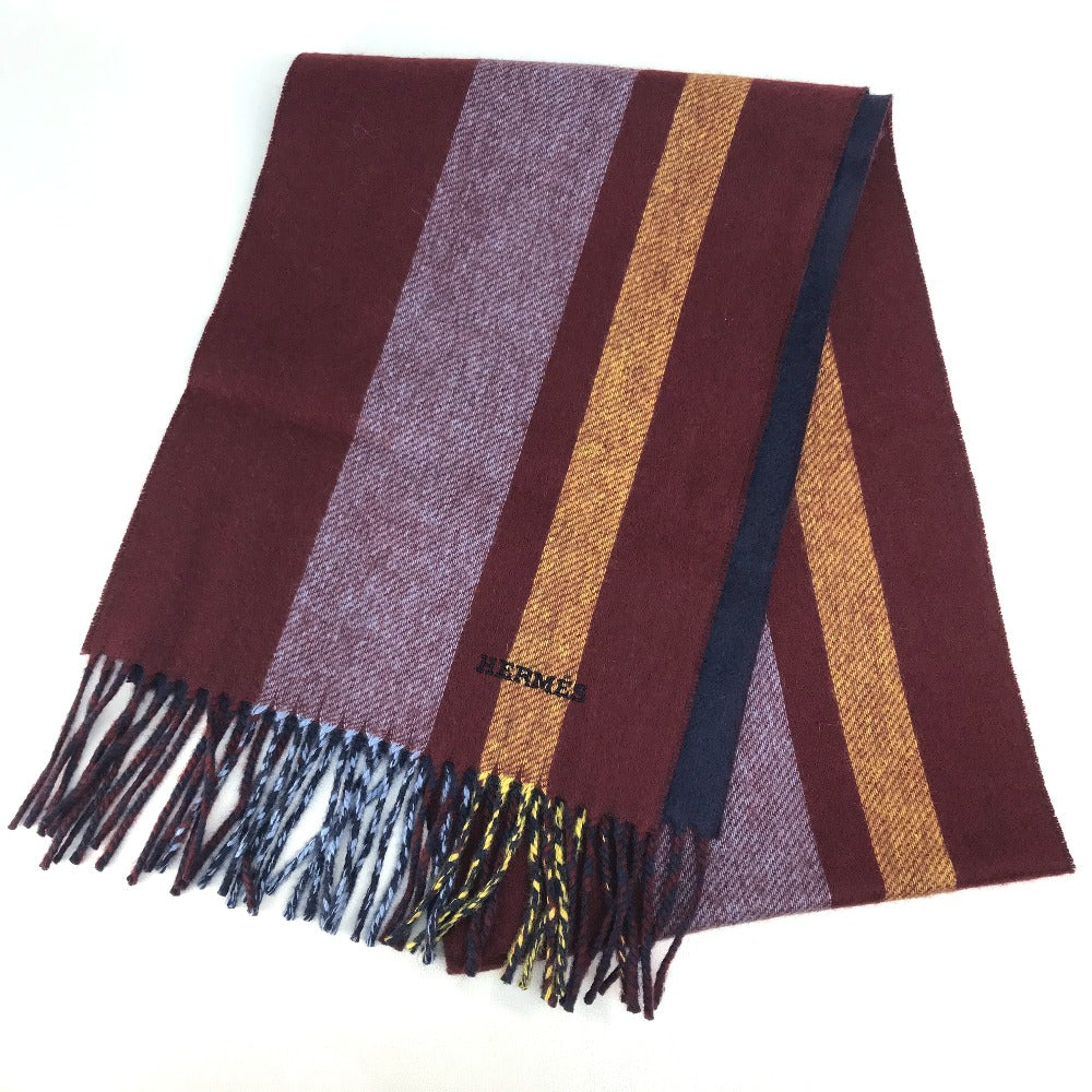 HERMES Scarf cashmere Multicolor / navy Alternate stripe unisex(Unisex)