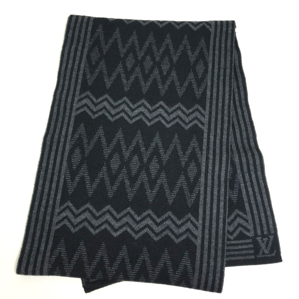 LOUIS VUITTON Scarf 401910 wool Black Grey Chevron stripes mens