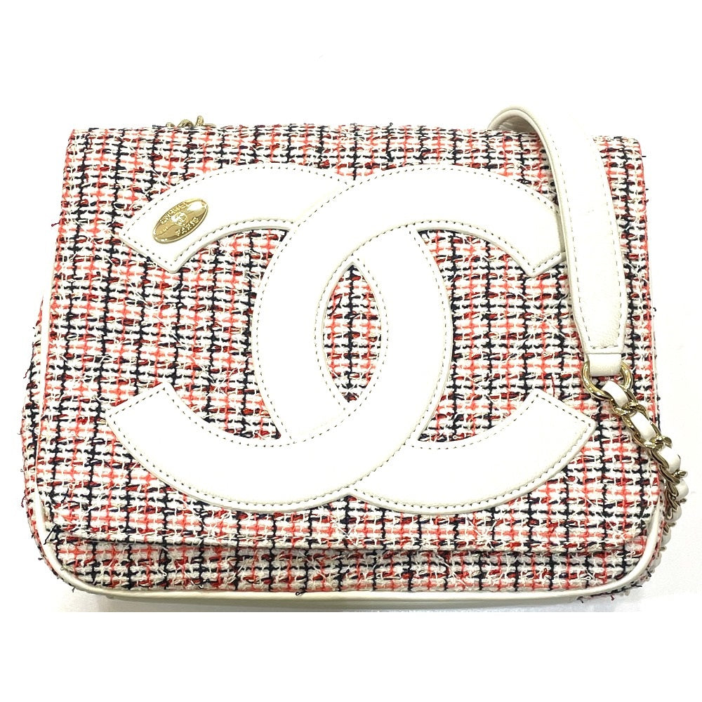 CHANEL Shoulder Bag Leather, Tweed White x red CC COCO Mark flap pochette