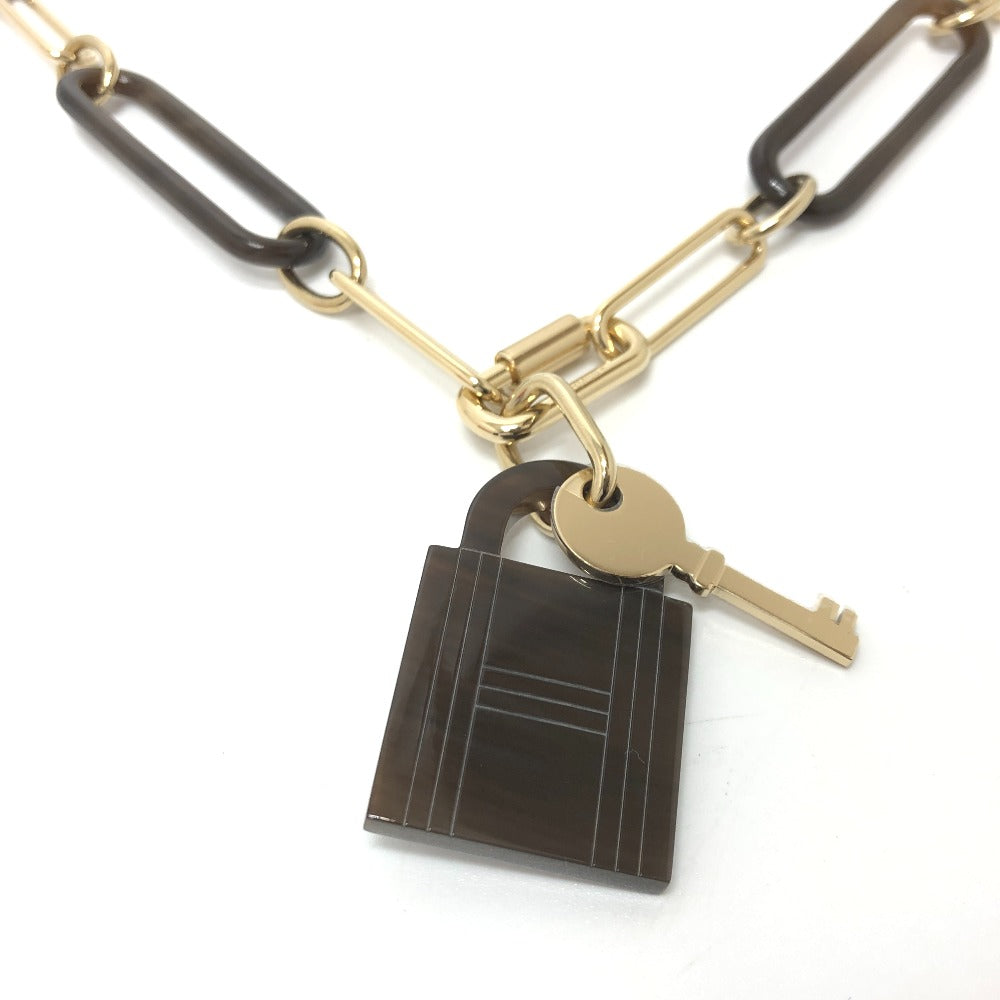 HERMES Necklace Gold Plated, Buffalo Leather Brown Amulet Padlock GM Women