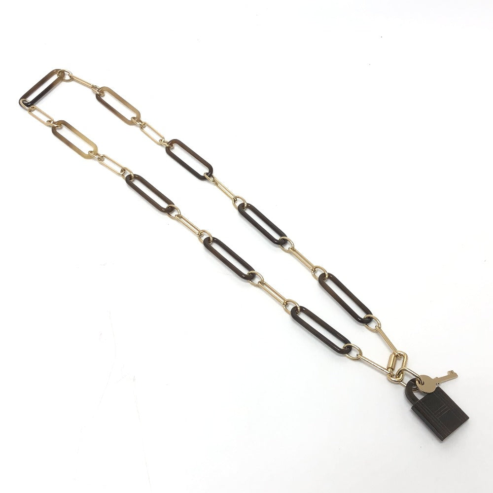 HERMES Necklace Gold Plated, Buffalo Leather Brown Amulet Padlock GM Women