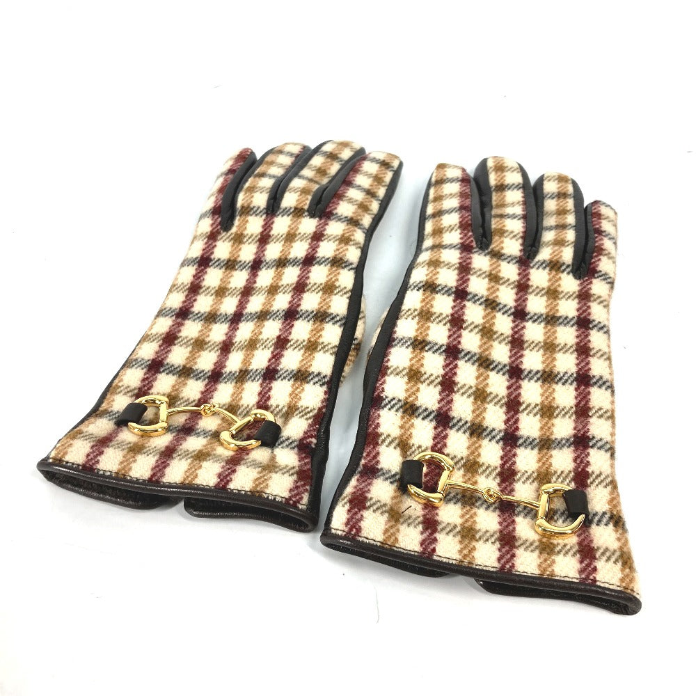 GUCCI Glove 603635 Wool/Cashmere, Leather Brown check Horsebit Women 7 S