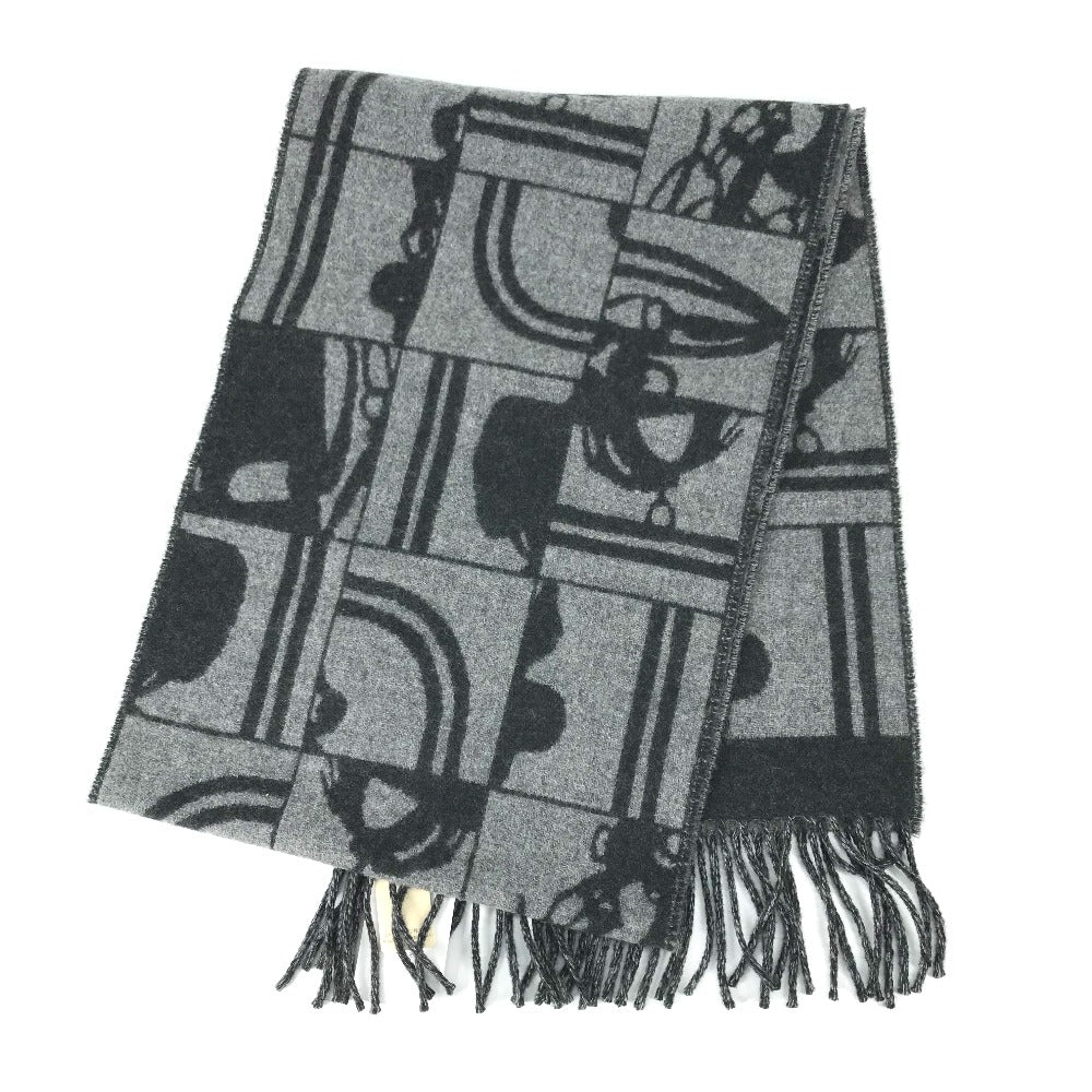 HERMES Scarf cashmere gray fringe Brides de Gala mens(Unisex)