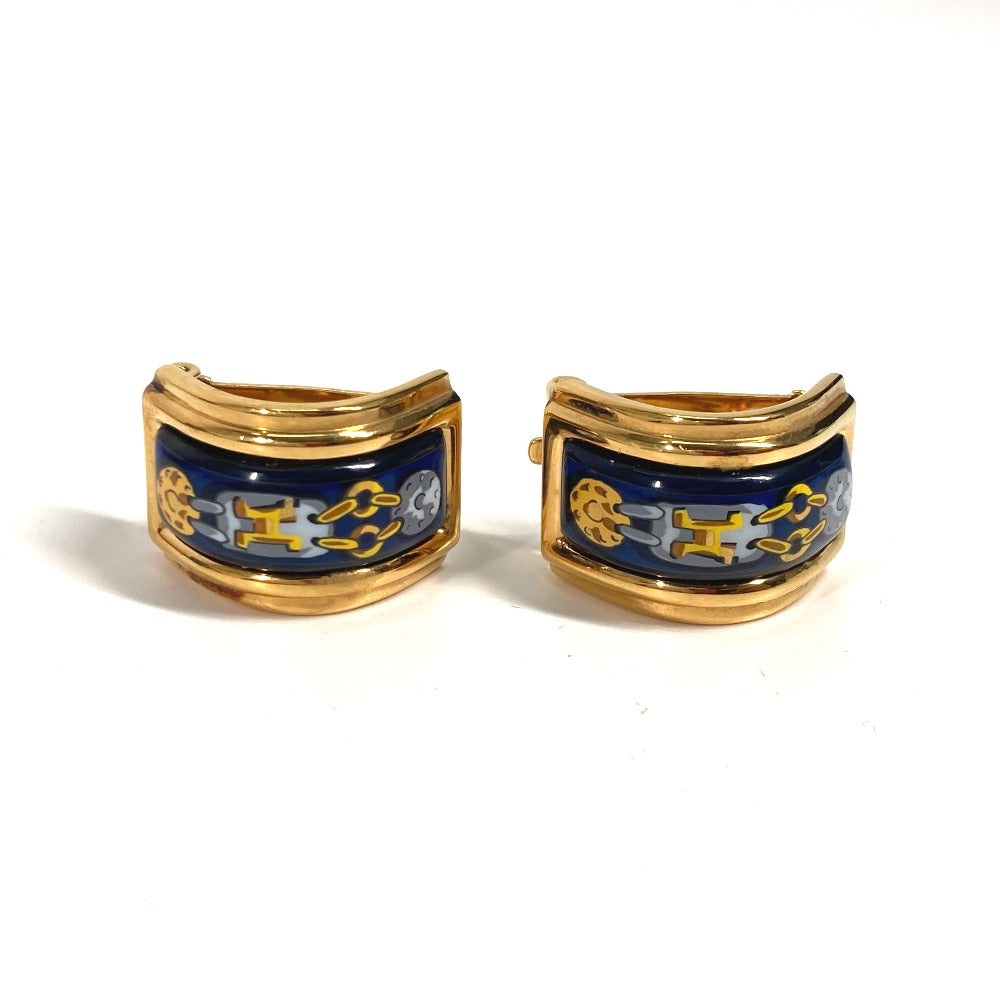 HERMES Earring Gold Plated Gold x Blue H pattern Cloisonn Emile Women