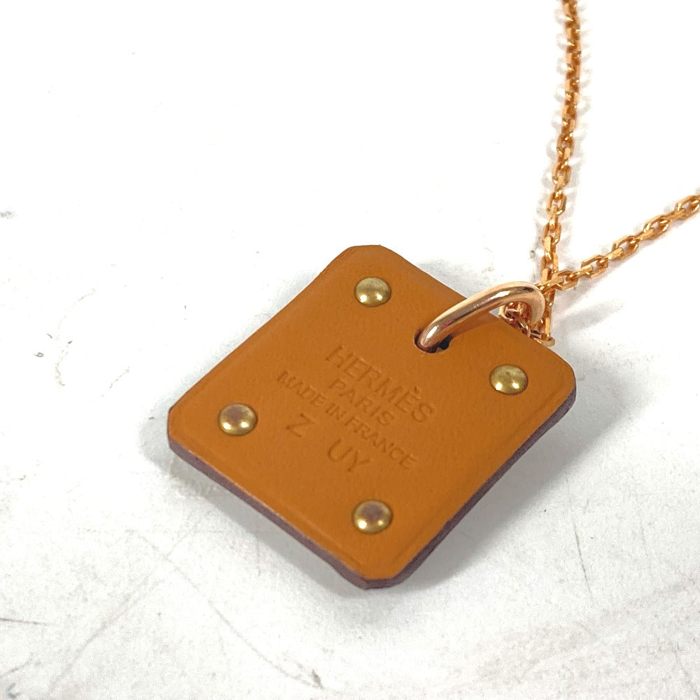 HERMES Necklace Metal, Leather Gray x Pink Gold Heart Chain Asdu Cool PM Women