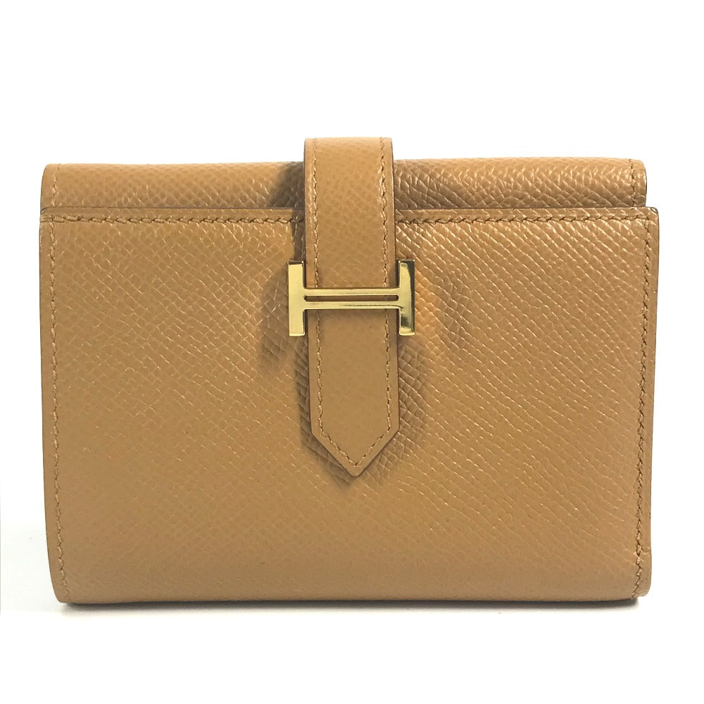 HERMES Trifold wallet Epsom Brown x light blue H logo bicolor Bean combine Women