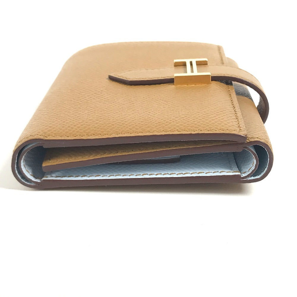 HERMES Trifold wallet Epsom Brown x light blue H logo bicolor Bean combine Women