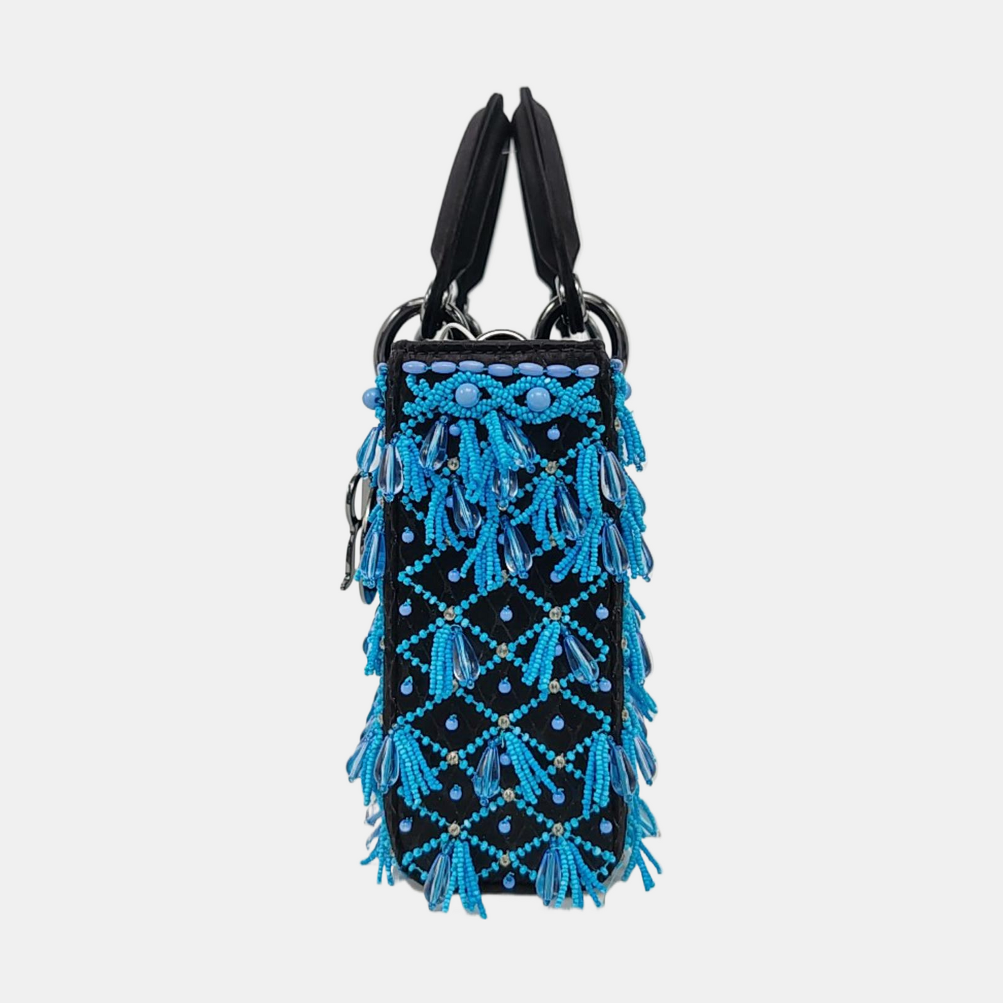 Lady D-Joy Medium Bag Exceptional Piece Black Silk Satin Turquoise Beaded Tassel
