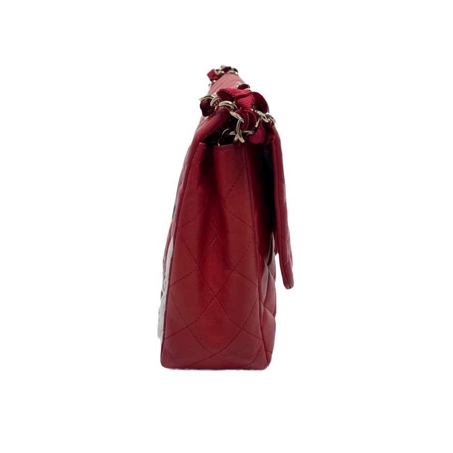 Chanel Classic Flap 2009 Large Red Leather Gold Hardware Velvet Chain Matelasse Strap
