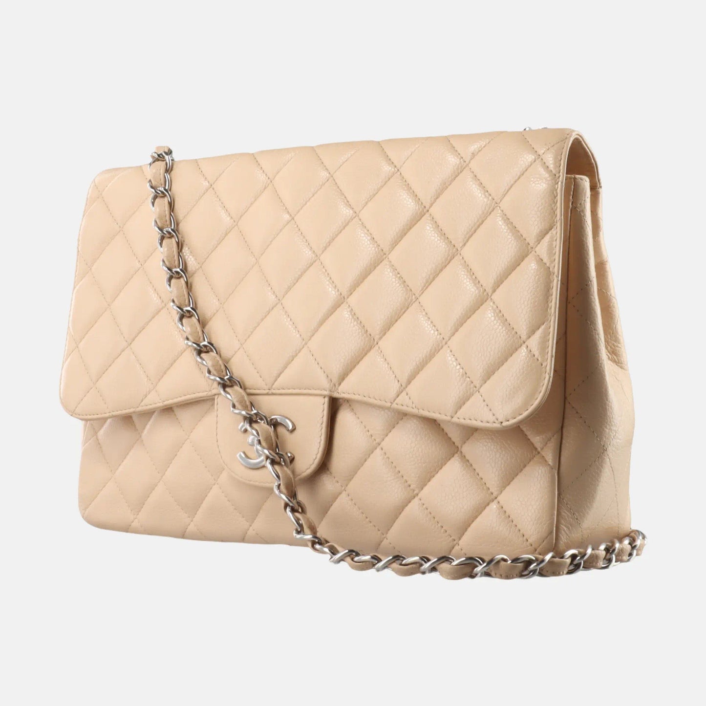 Chanel Classic Flap Jumbo 2010 Beige Caviar Leather Single Flap with Silver Hardware