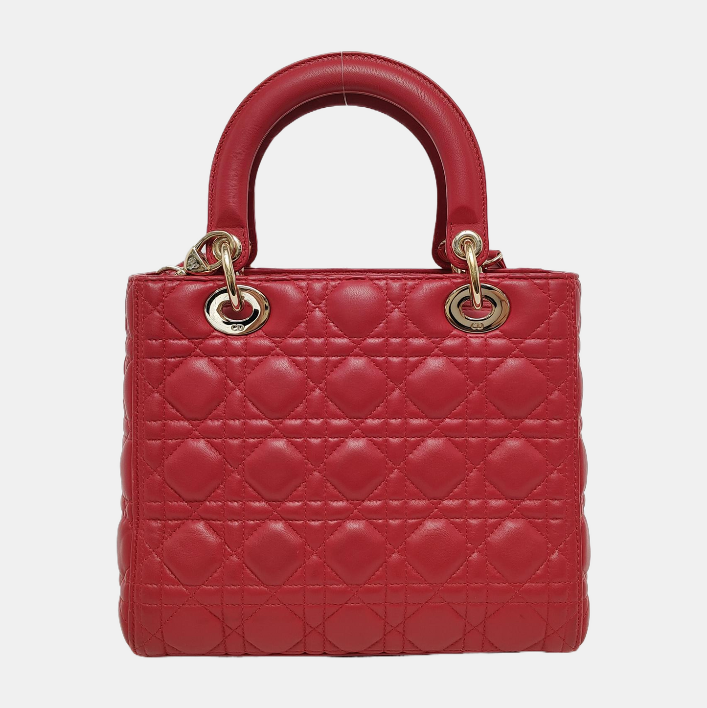 Lady Dior Medium Red Lambskin Leather Gold Hardware Leather Strap