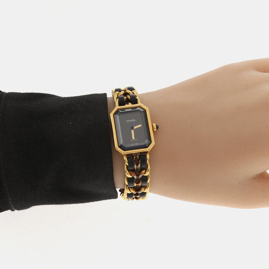 CHANEL 1987 Vintage PREMIERE Watch M Black Leather and 24KT Yellow Gold Plated