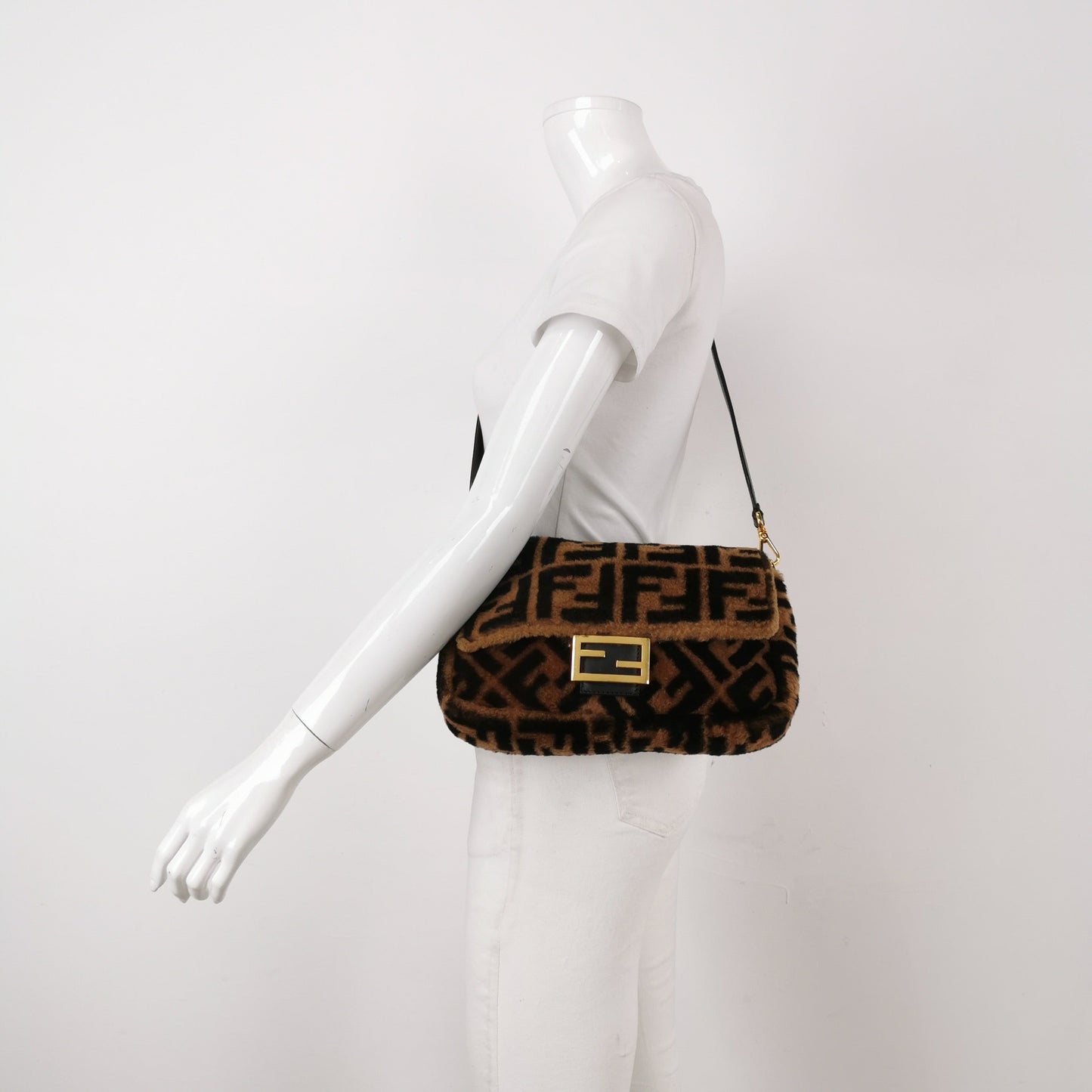 Fendi Baguette Medium Shearling Vitello Dolce Marco FF 1974 Tobacco Black Brown Zucca