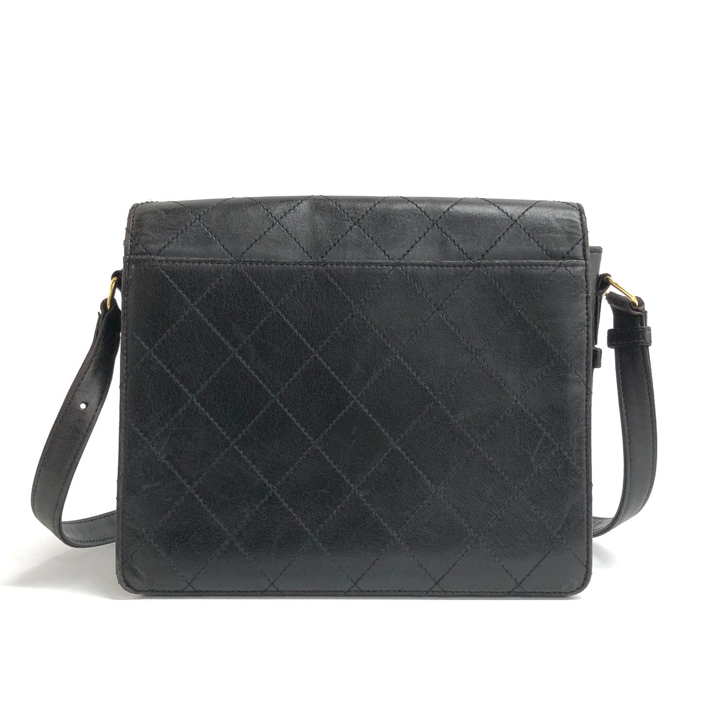 Chanel Vintage Kelly Flap Bag Black Leather Adjustable Strap 24k Gold Hardware