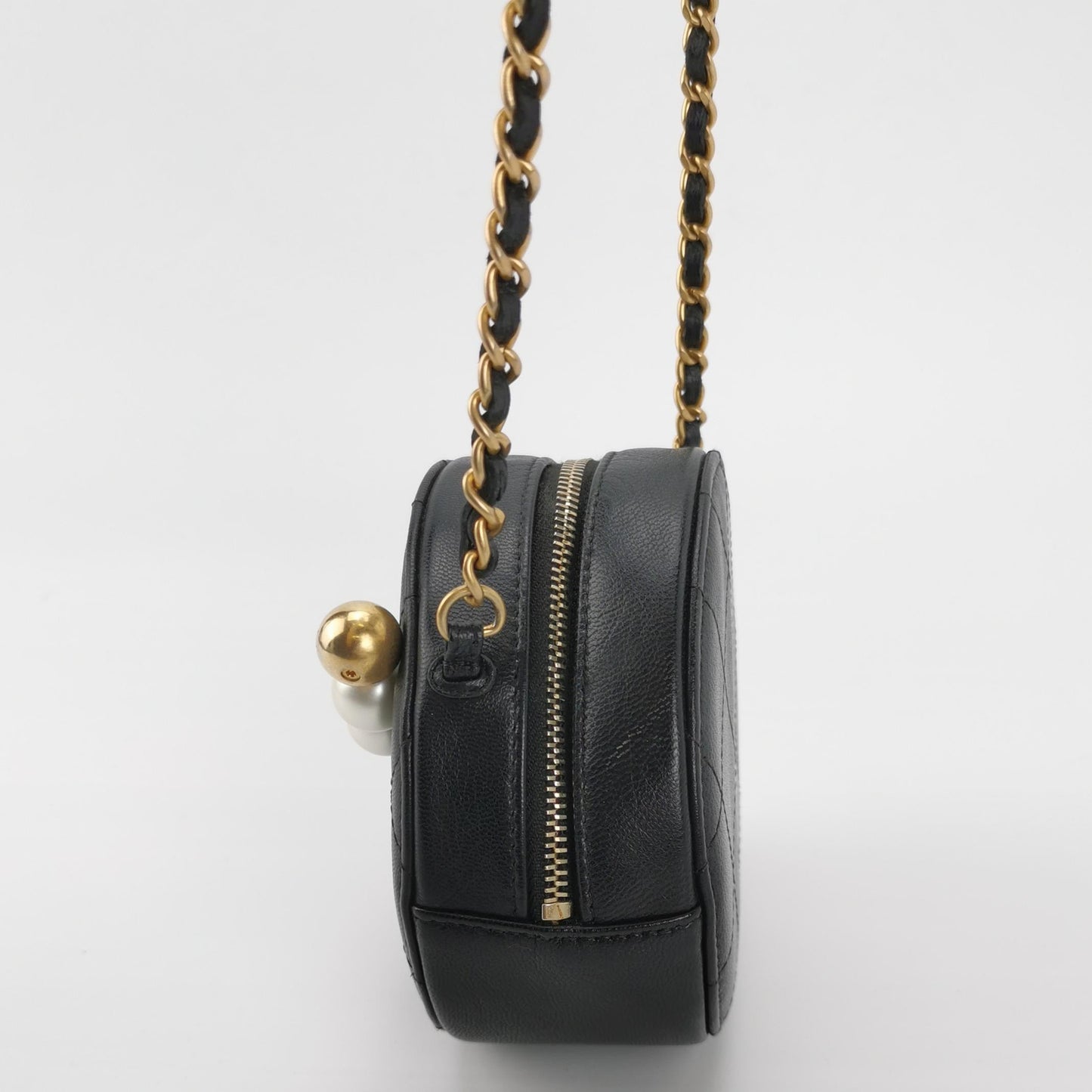 Chanel Round Black Lambskin Leather Crossbody Bag with Matelasse Chain and Pearls