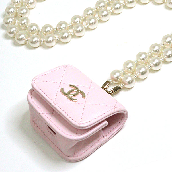 CHANEL Mobile case Lambskin, Faux Pearl pink Necklace COCO Mark Matrasse airpods case Women