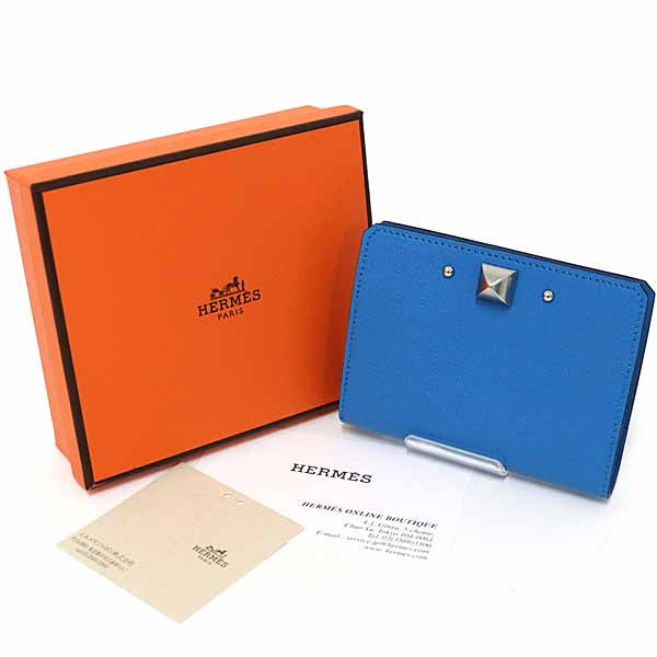 HERMES Card Case leather blue Medor