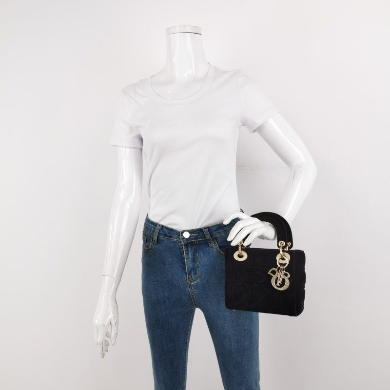 Lady Dior Mini Black Suede with Light Gold-tone Hardware and Crystal Logo